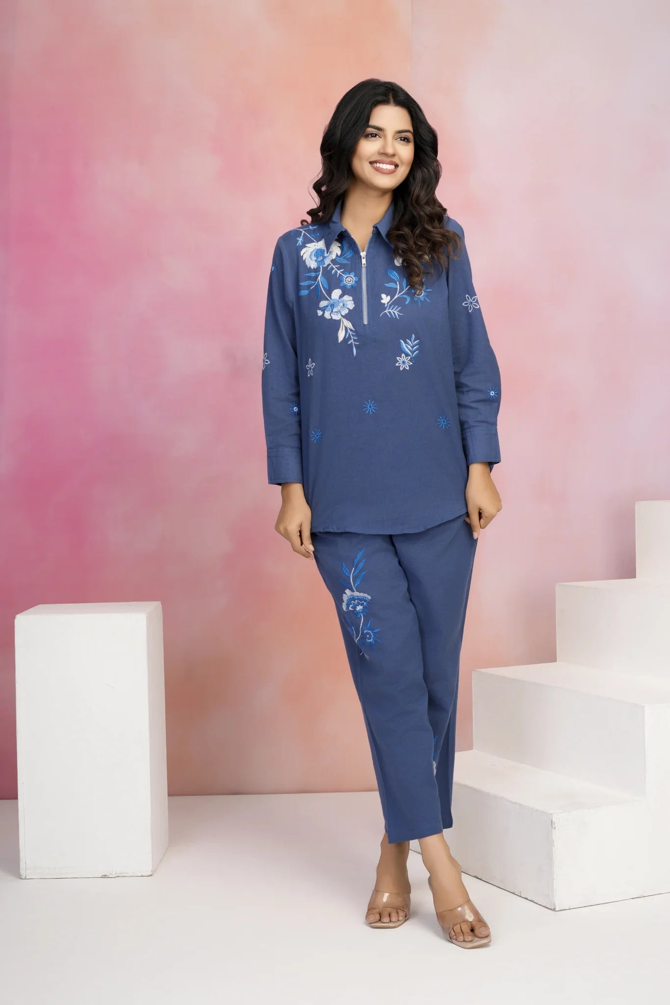 Navy Blue Embroidered Zip Cotton Flex Co-Ord Set