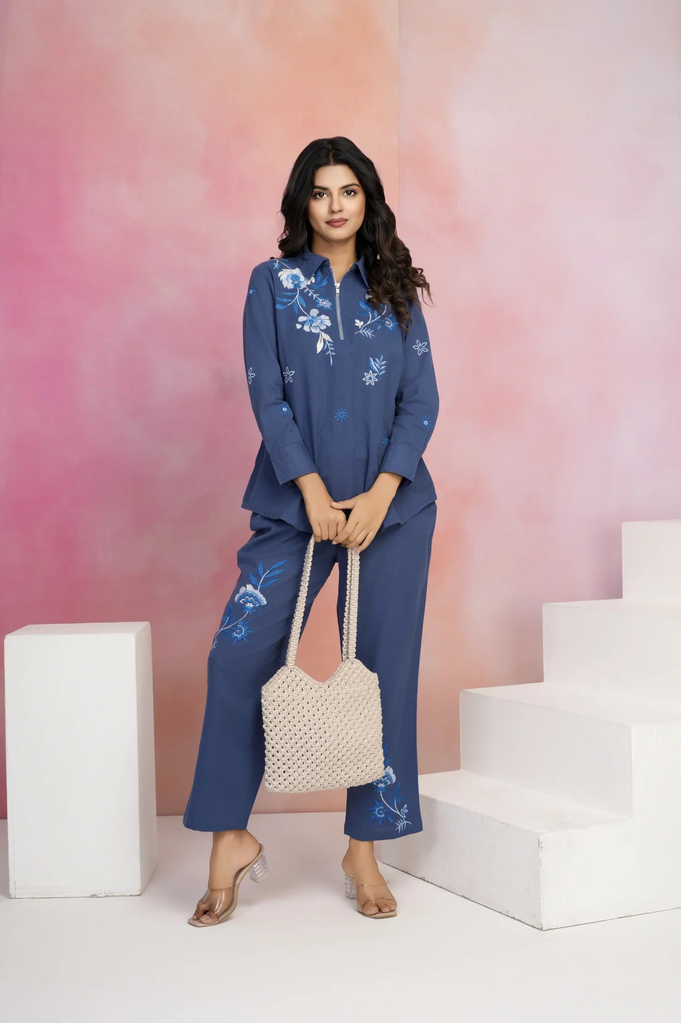 Navy Blue Embroidered Zip Cotton Flex Co-Ord Set