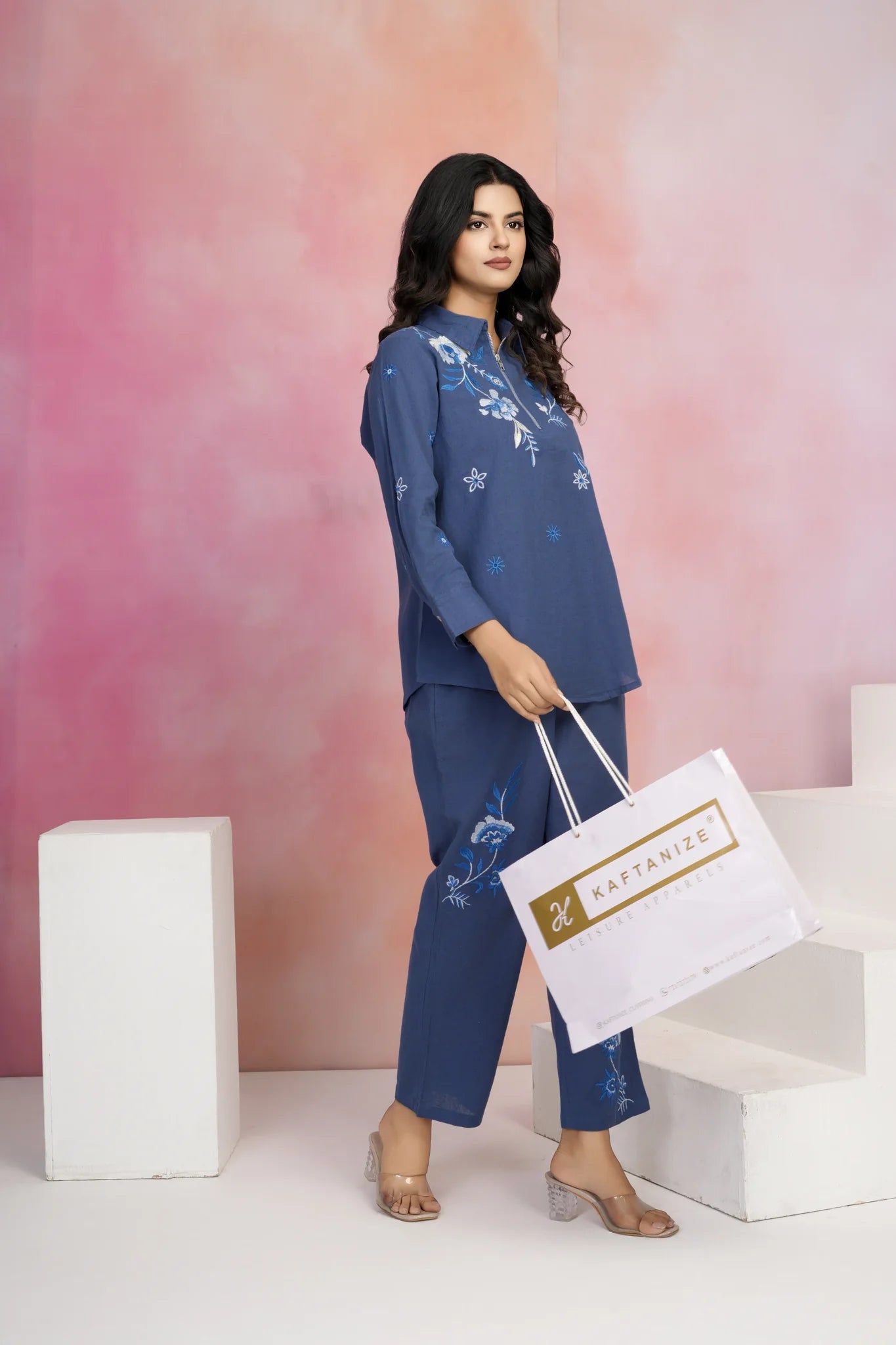 Navy Blue Embroidered Zip Cotton Flex Co-Ord Set