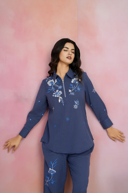 Navy Blue Embroidered Zip Cotton Flex Co-Ord Set