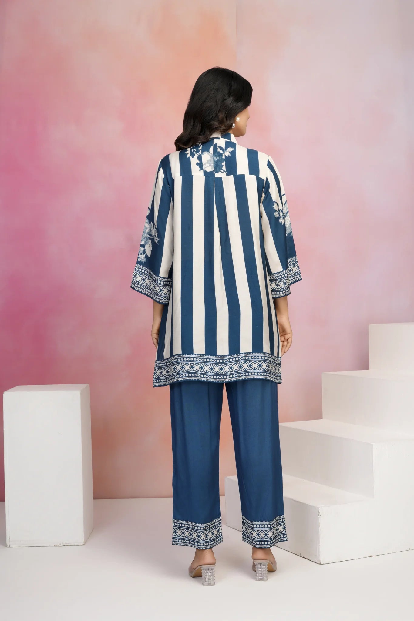 Blue & Cream Striped Floral Print Co-Ord Set in Muslin