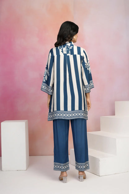 Blue & Cream Striped Floral Print Co-Ord Set in Muslin