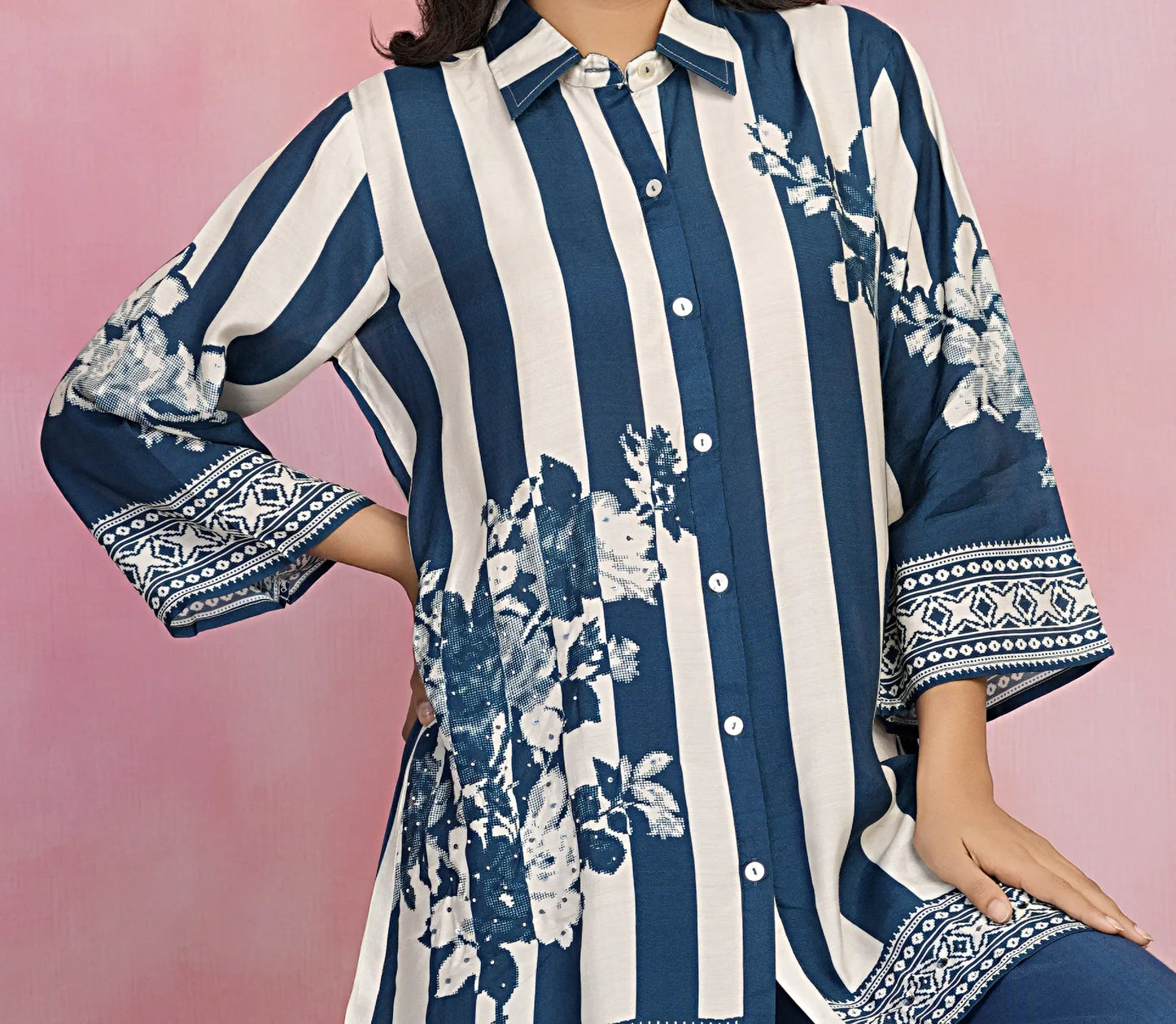 Blue & Cream Striped Floral Print Co-Ord Set in Muslin