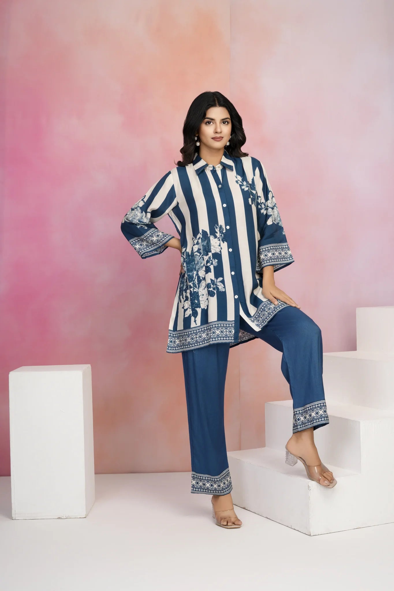 Blue & Cream Striped Floral Print Co-Ord Set in Muslin