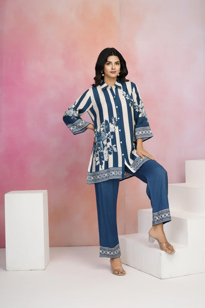 Blue & Cream Striped Floral Print Co-Ord Set in Muslin