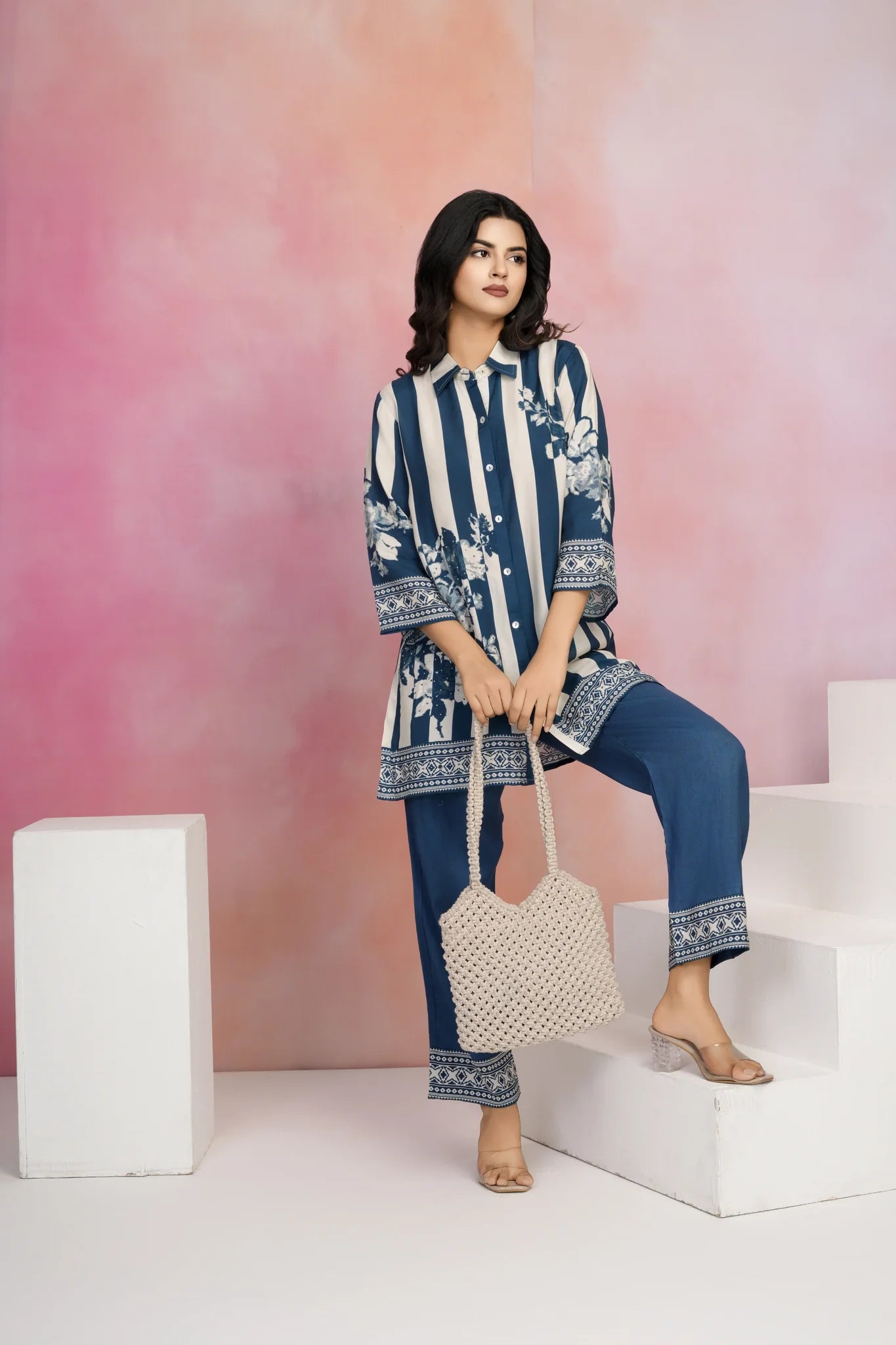 Blue & Cream Striped Floral Print Co-Ord Set in Muslin