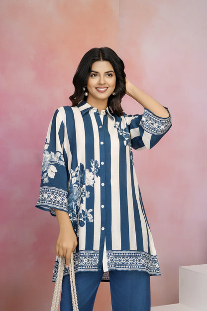 Blue & Cream Striped Floral Print Co-Ord Set in Muslin