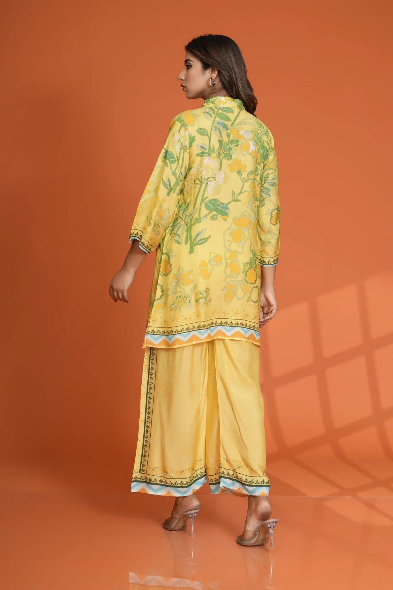 Lemon Yellow & Green Bold Floral Printed Sequin Detailed Co-Ord Set in Viscose Muslin