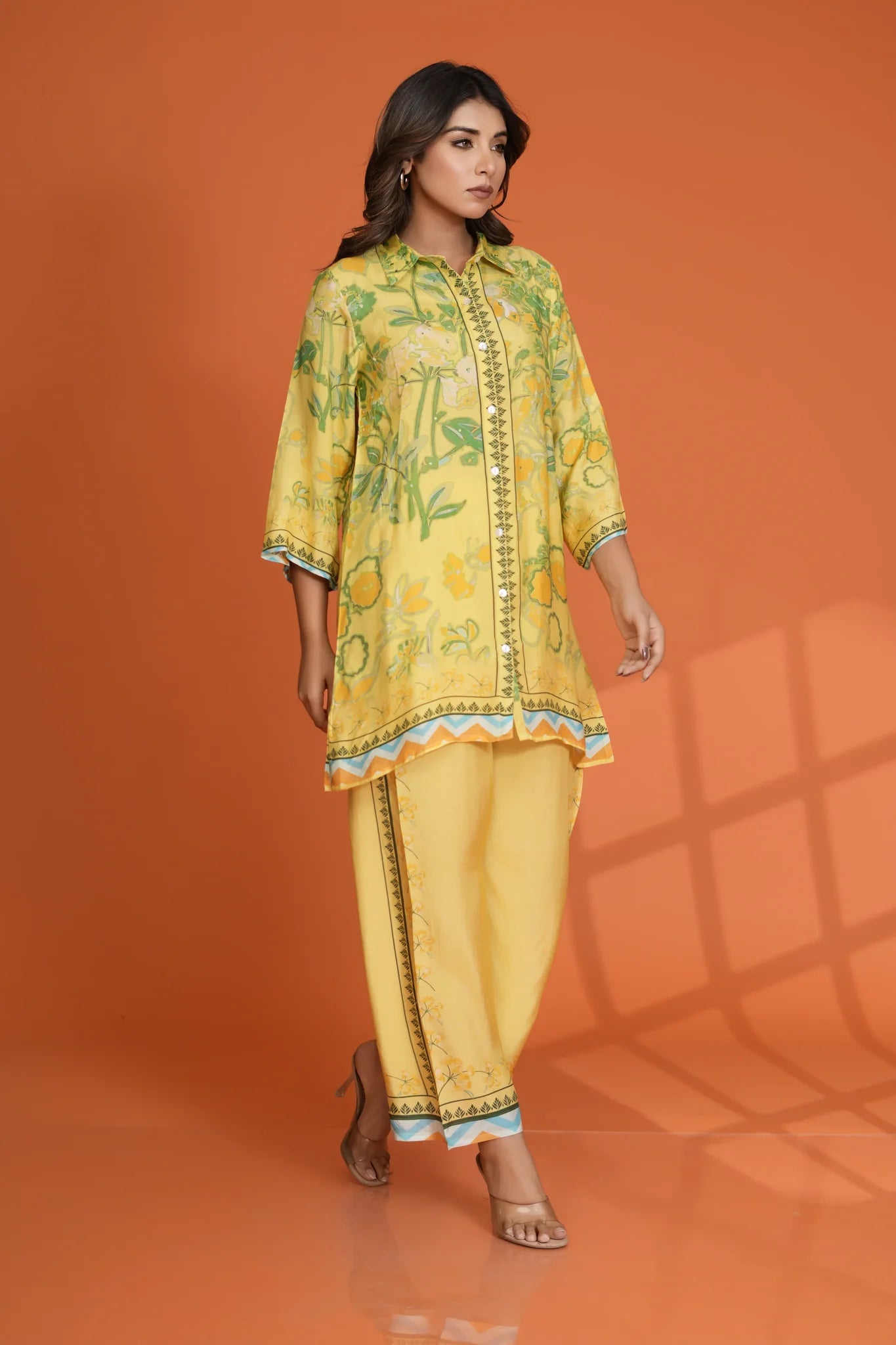 Lemon Yellow & Green Bold Floral Printed Sequin Detailed Co-Ord Set in Viscose Muslin