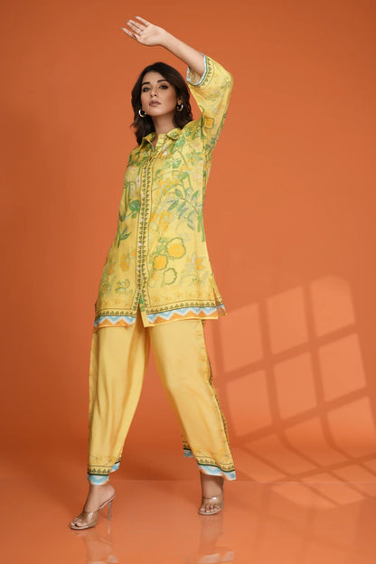 Lemon Yellow & Green Bold Floral Printed Sequin Detailed Co-Ord Set in Viscose Muslin