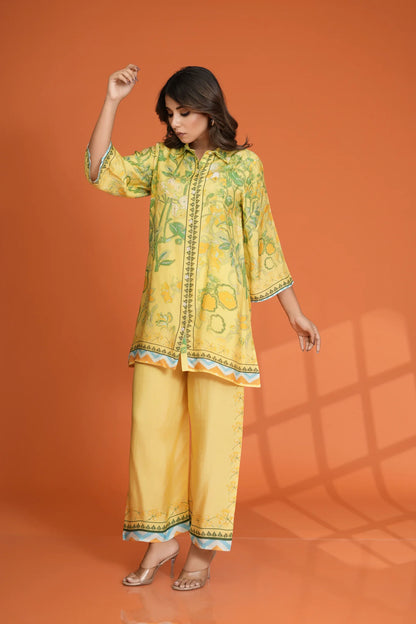Lemon Yellow & Green Bold Floral Printed Sequin Detailed Co-Ord Set in Viscose Muslin