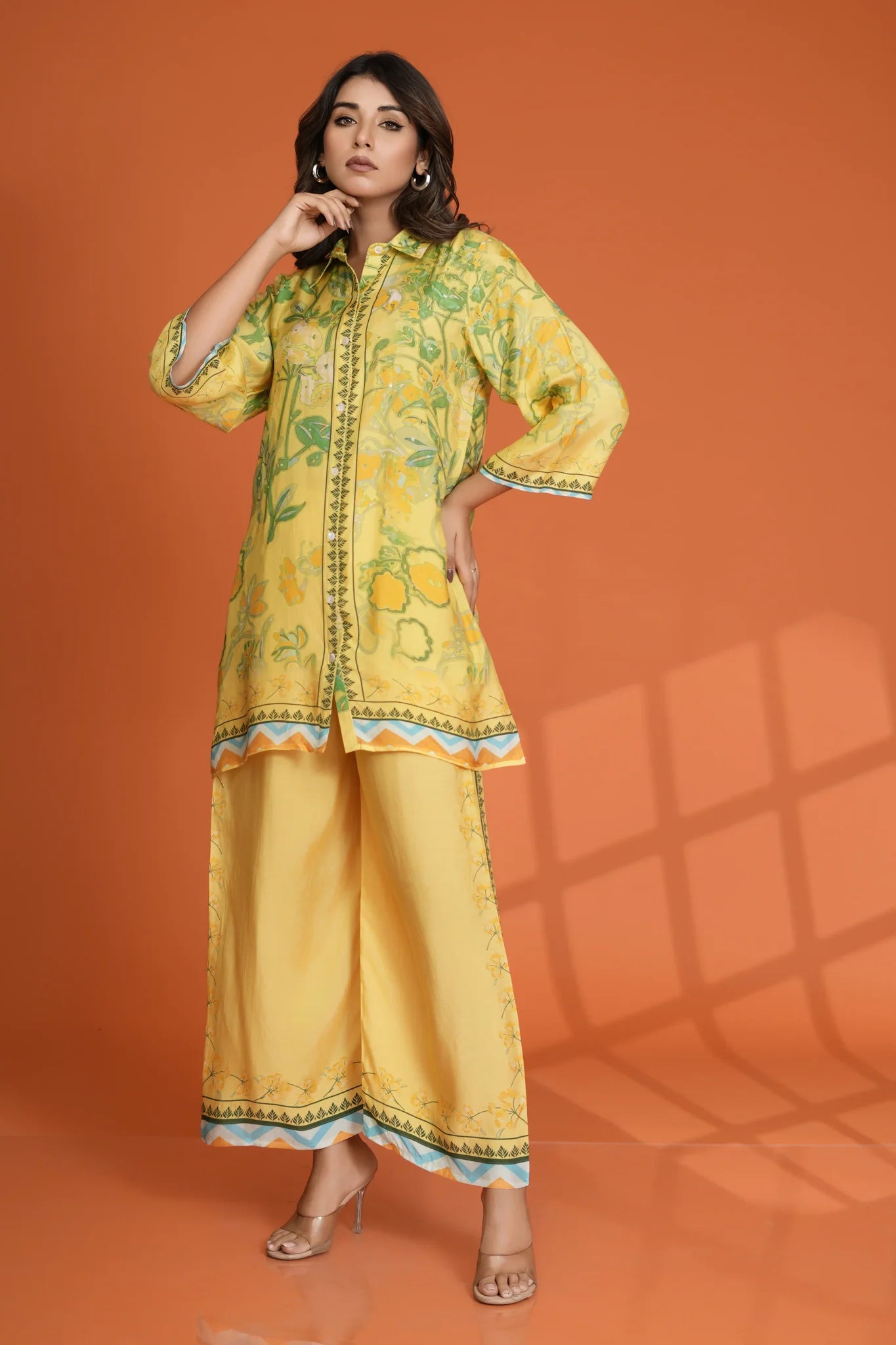 Lemon Yellow & Green Bold Floral Printed Sequin Detailed Co-Ord Set in Viscose Muslin