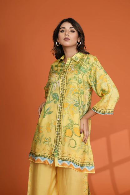 Lemon Yellow & Green Bold Floral Printed Sequin Detailed Co-Ord Set in Viscose Muslin