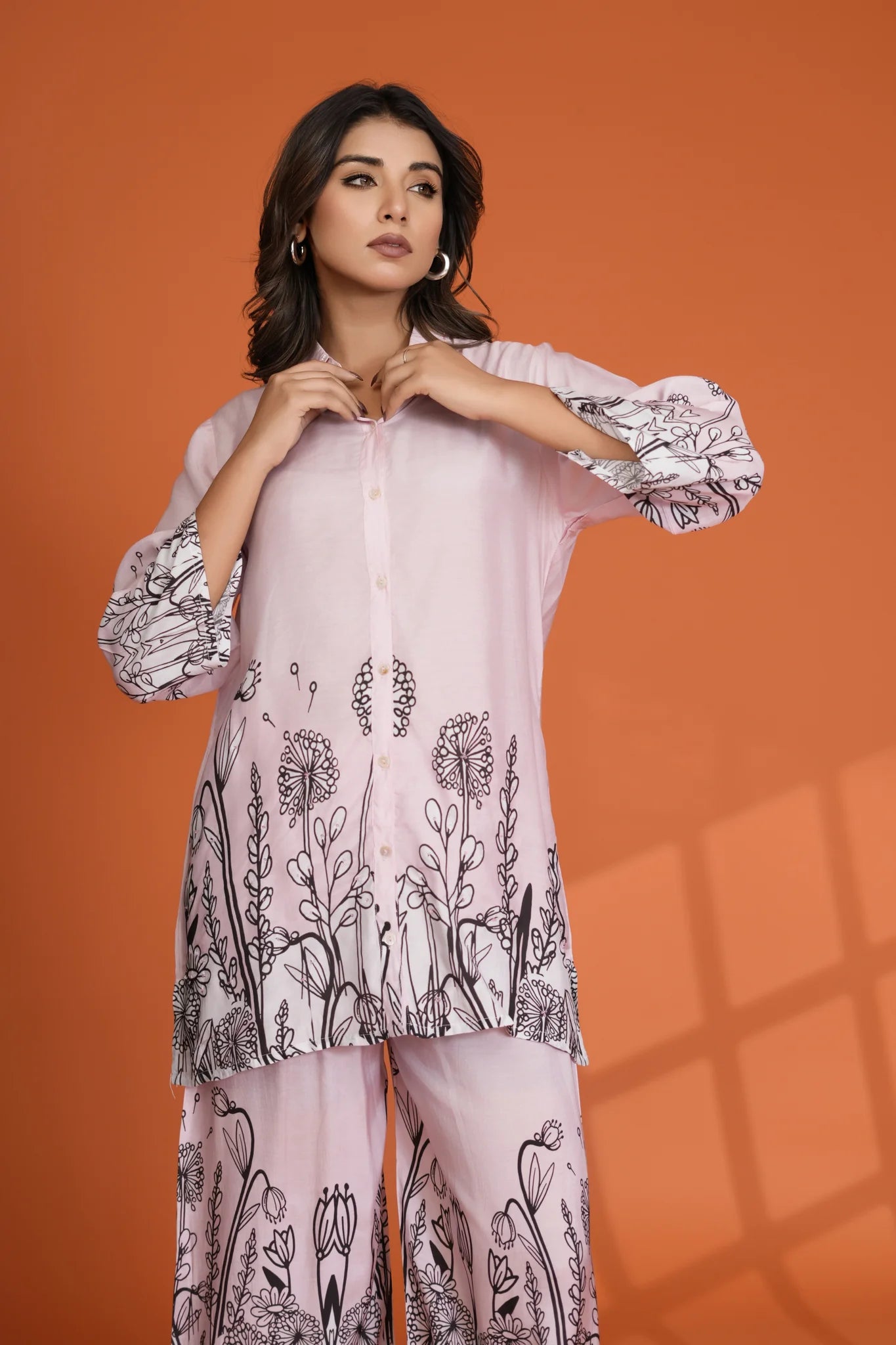 Baby Pink Floral Border Printed Muslin Co-Ord Set