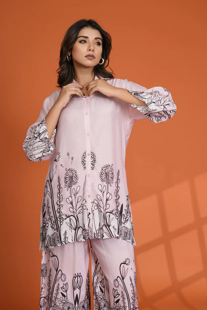 Baby Pink Floral Border Printed Muslin Co-Ord Set