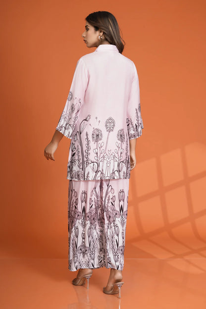 Baby Pink Floral Border Printed Muslin Co-Ord Set