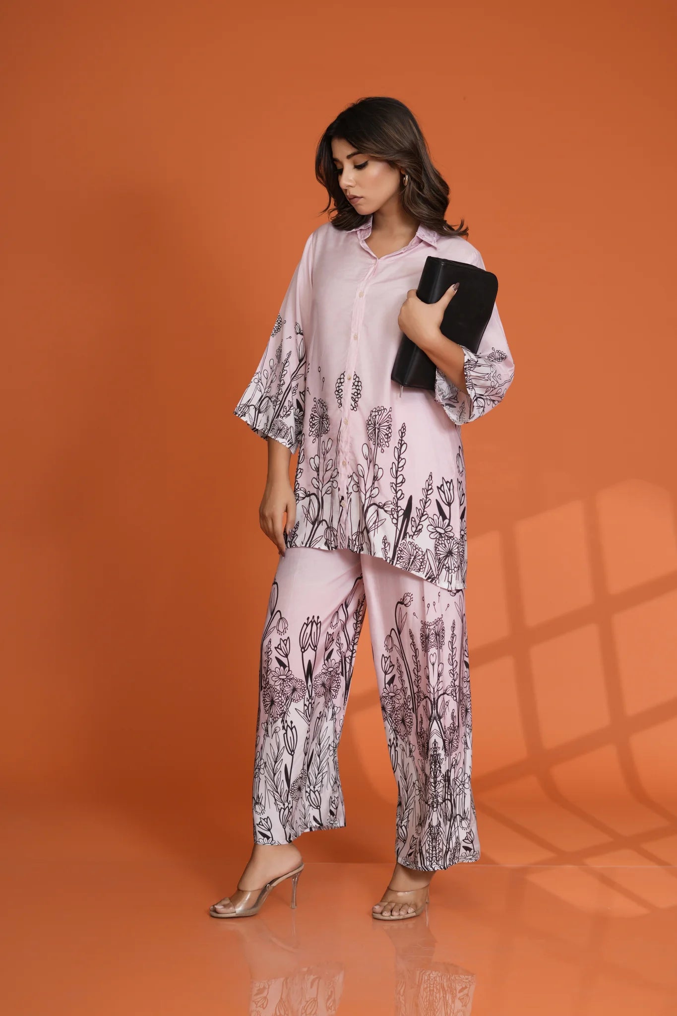 Baby Pink Floral Border Printed Muslin Co-Ord Set