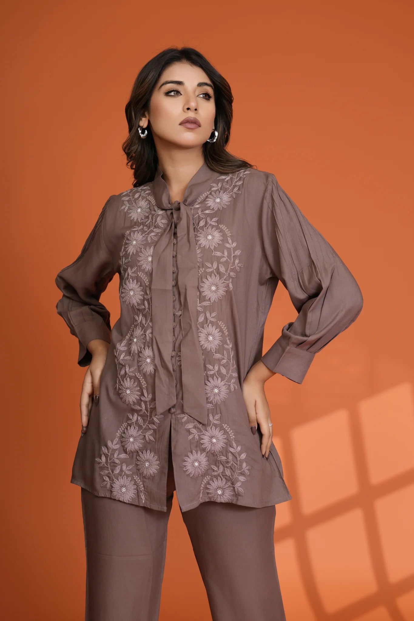 Brown Beaded & Embroidered Bow Tie Co-Ord Set in Rayon Staple