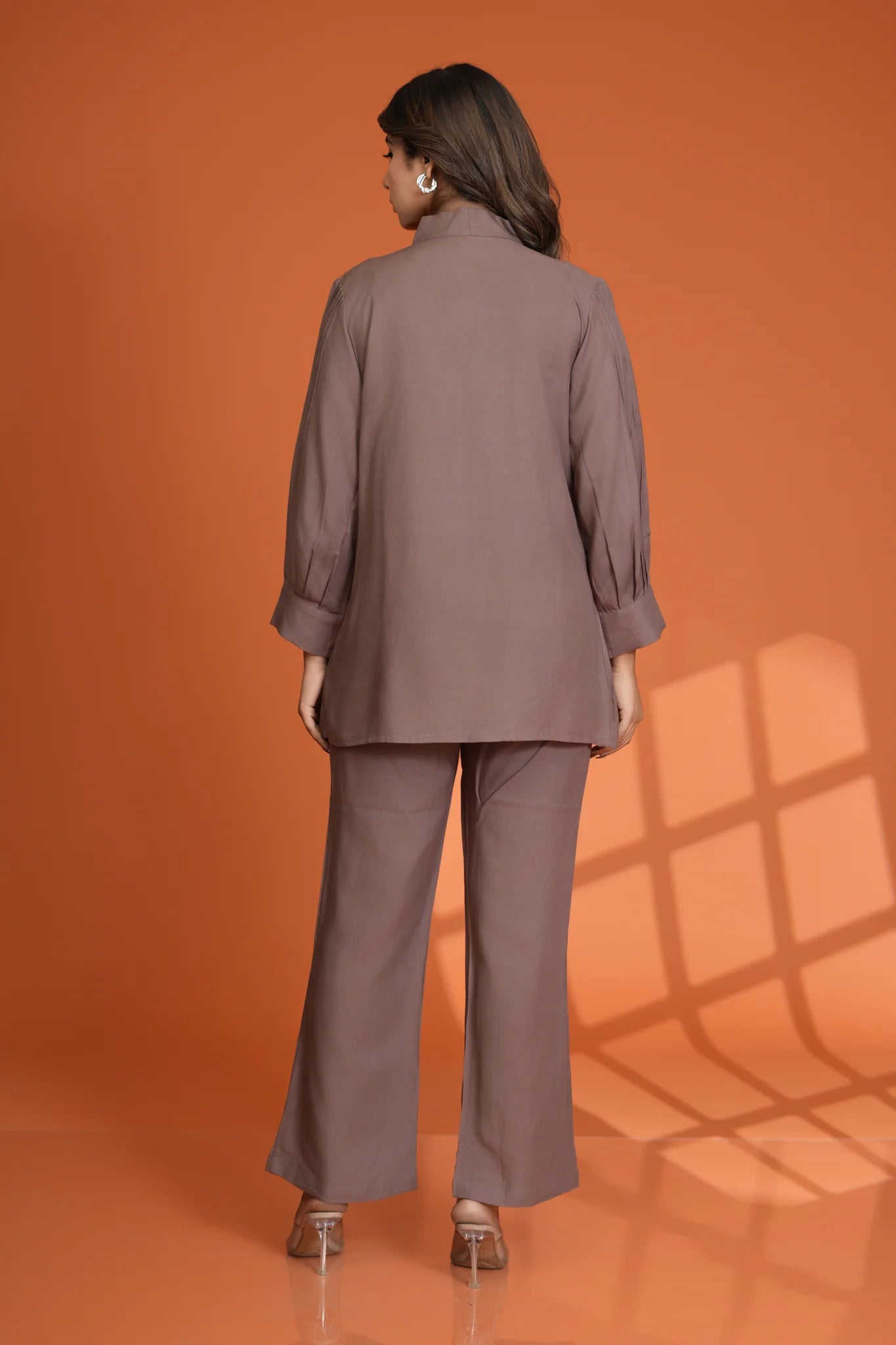 Brown Beaded & Embroidered Bow Tie Co-Ord Set in Rayon Staple