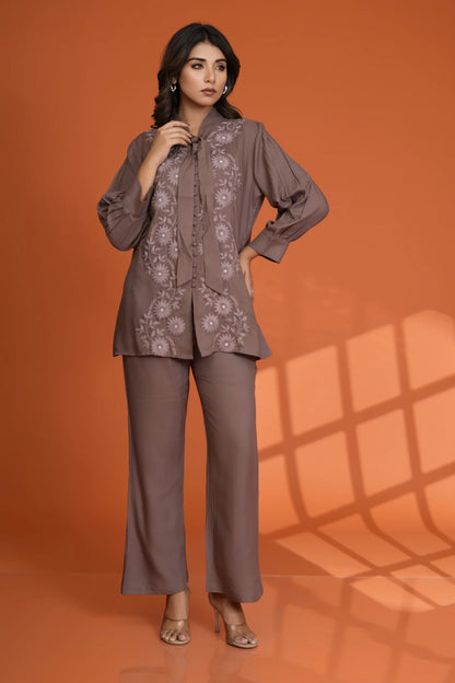 Brown Beaded & Embroidered Bow Tie Co-Ord Set in Rayon Staple