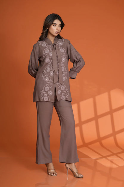 Brown Beaded & Embroidered Bow Tie Co-Ord Set in Rayon Staple