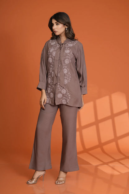 Brown Beaded & Embroidered Bow Tie Co-Ord Set in Rayon Staple