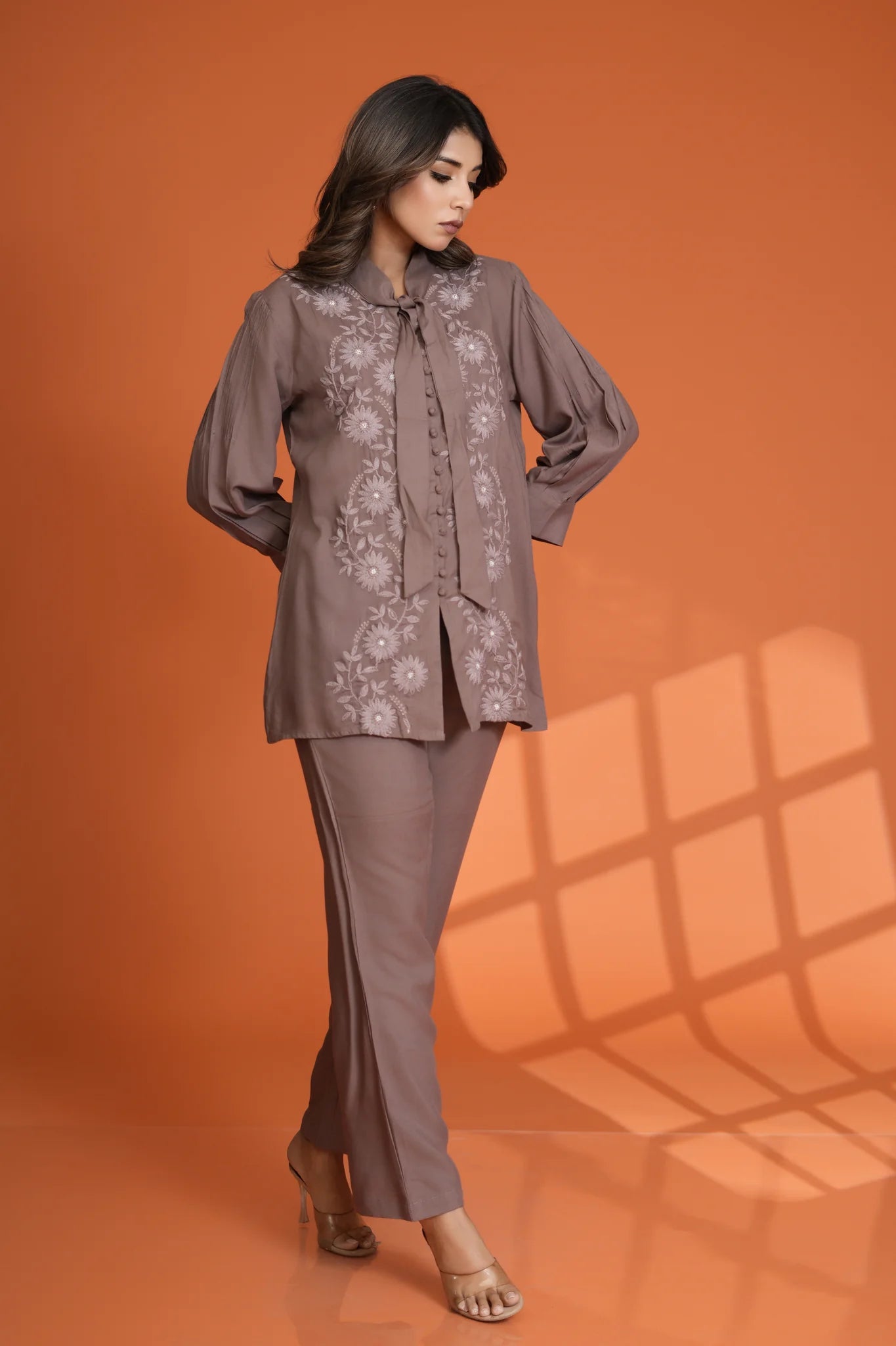 Brown Beaded & Embroidered Bow Tie Co-Ord Set in Rayon Staple