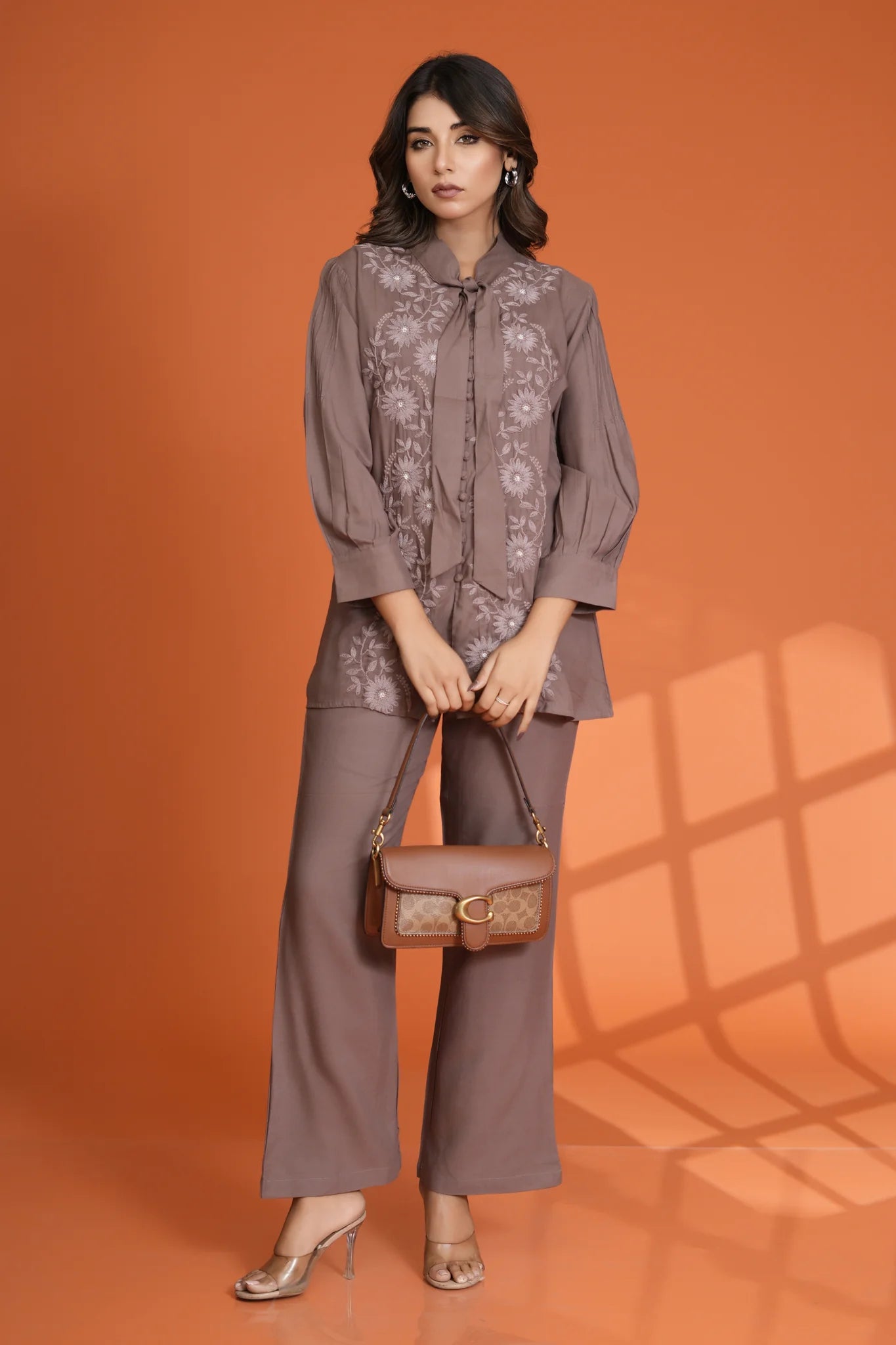 Brown Beaded & Embroidered Bow Tie Co-Ord Set in Rayon Staple