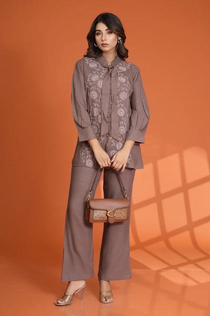 Brown Beaded & Embroidered Bow Tie Co-Ord Set in Rayon Staple