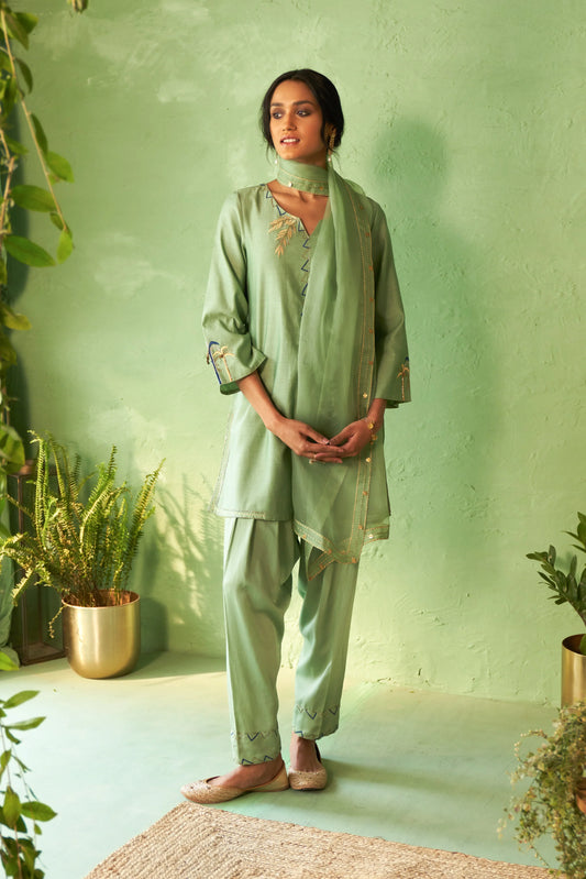 Tea Green Short Kurta Set