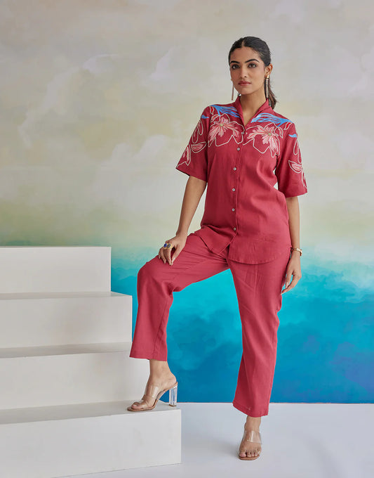 Red Floral Twist Thread Embroidery Work Viscose Flex Tunic Shirt and Pant Co-ord Set