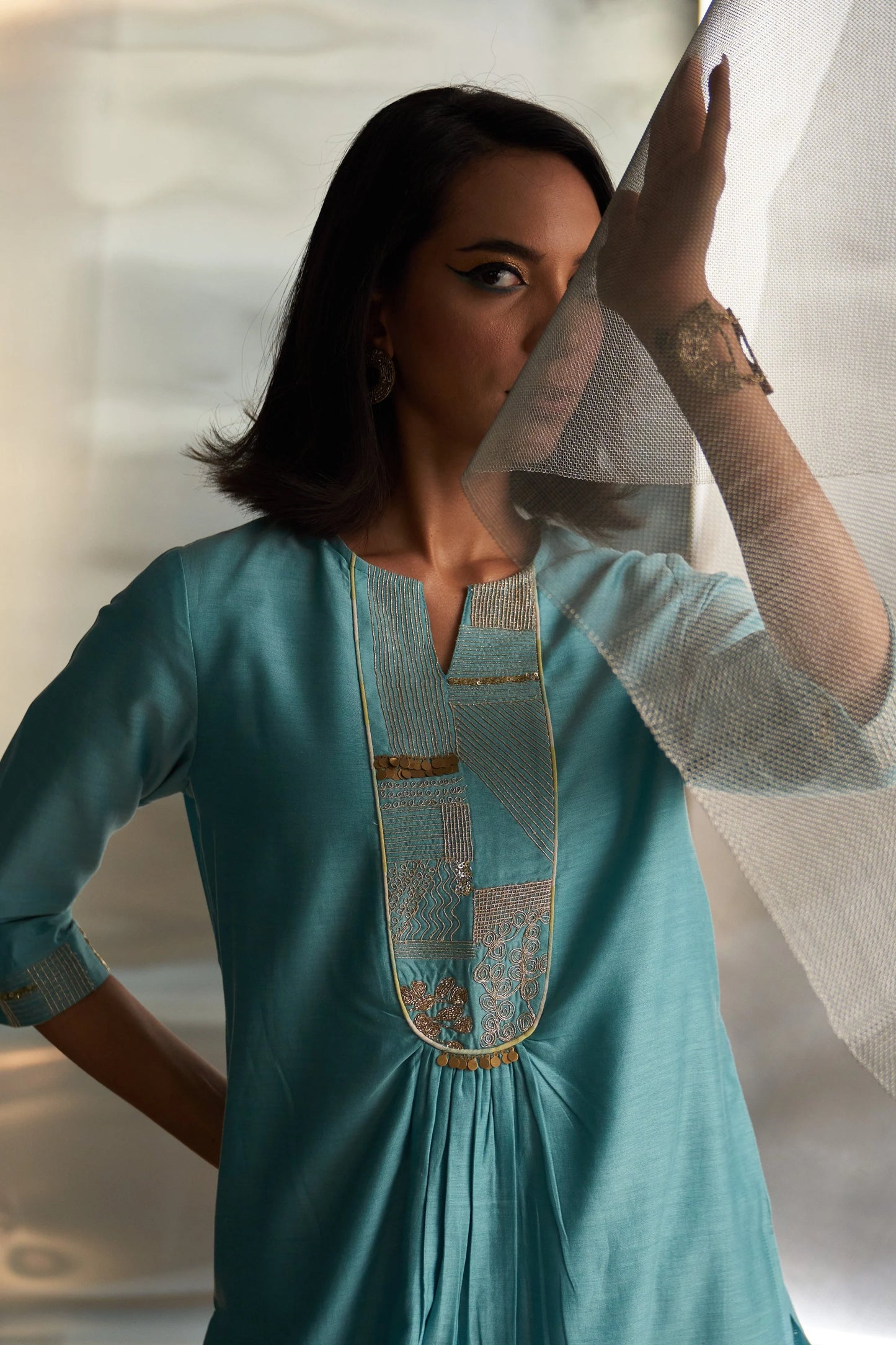 Powder Blue Gathered Kurta Set