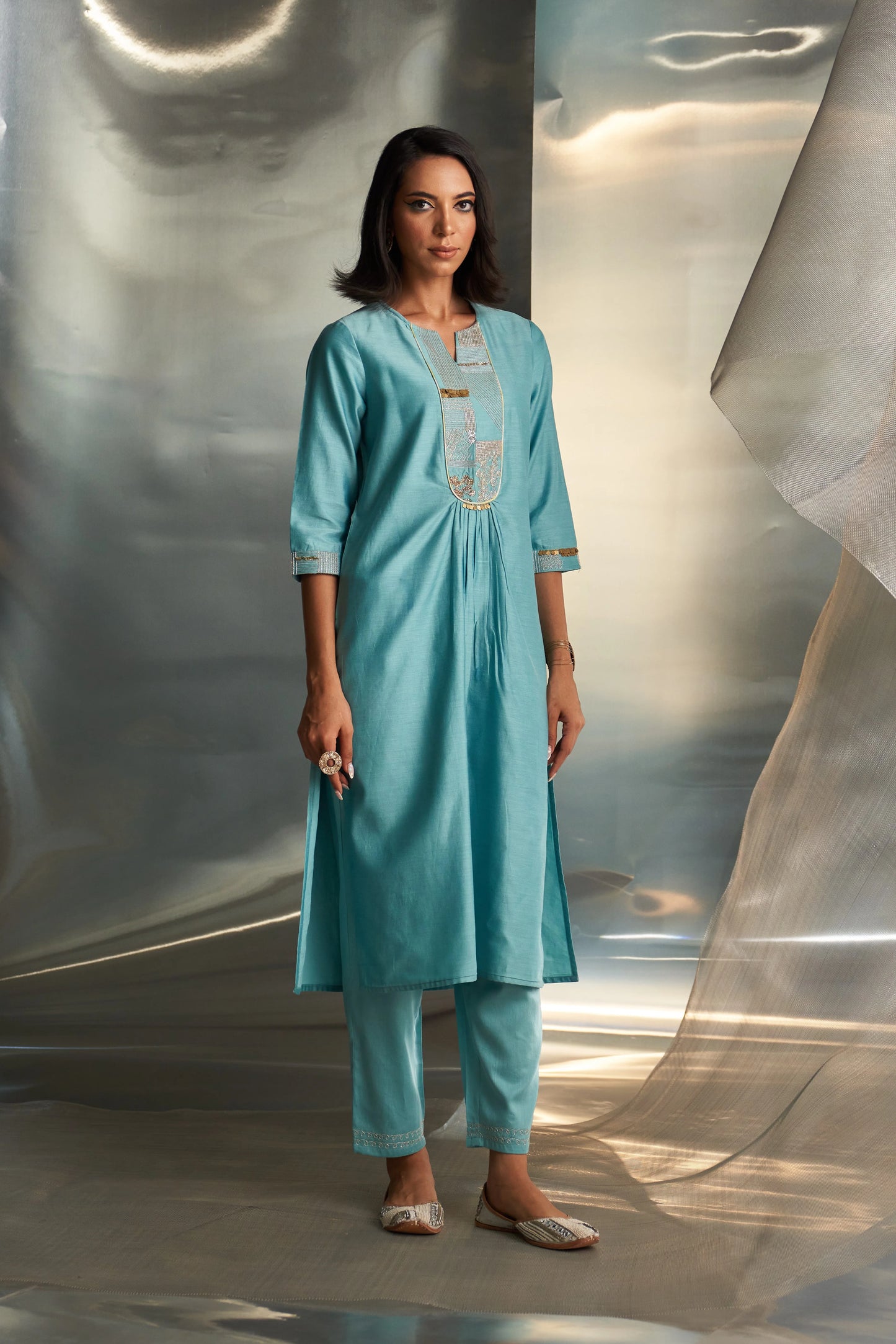 Powder Blue Gathered Kurta Set