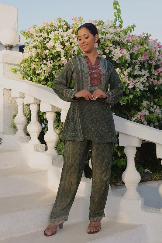 Dark Green Viscose Printed & Embellished Tunic With Trouser