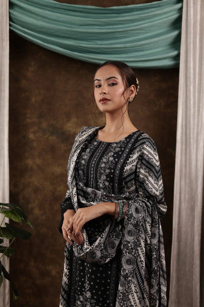 Off-white and Black Printed Muslin Pakistani Ethnic Set with Dupatta