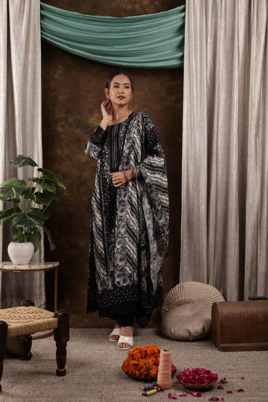 Off-white and Black Printed Muslin Pakistani Ethnic Set with Dupatta