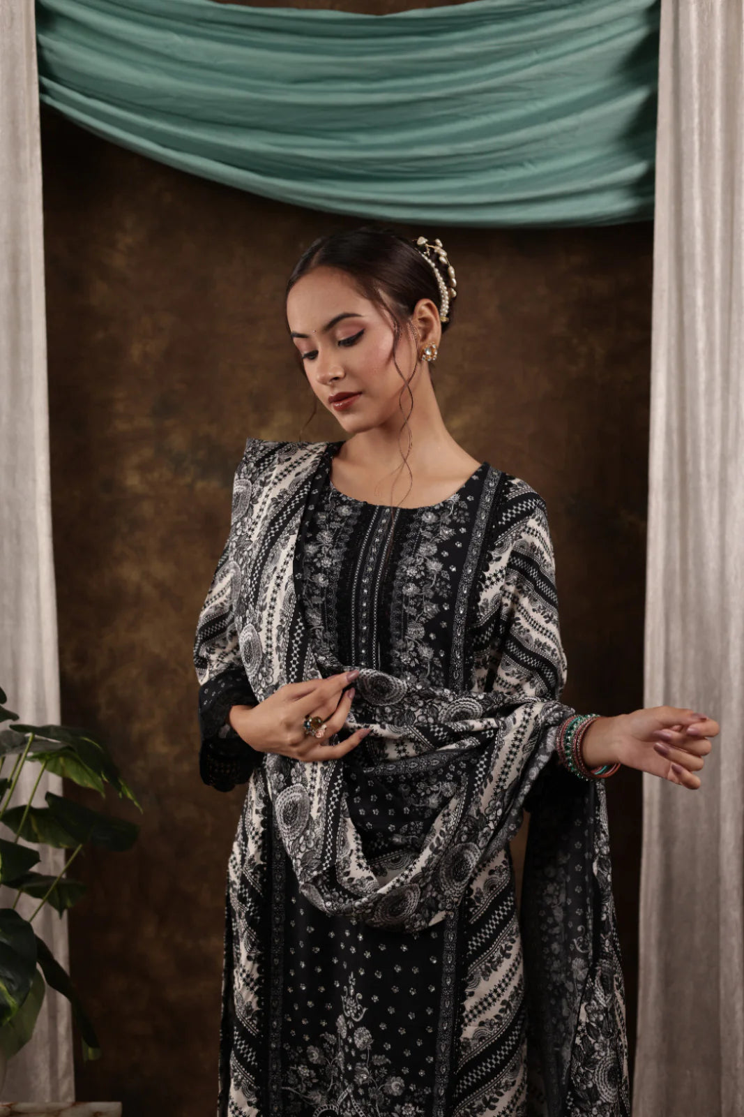 Off-white and Black Printed Muslin Pakistani Ethnic Set with Dupatta