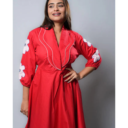 Red Double Collar Flare Dress