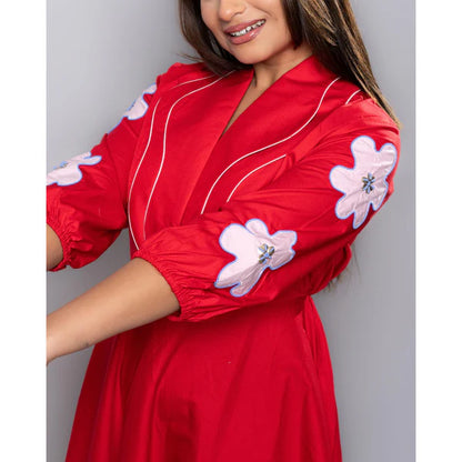 Red Double Collar Flare Dress