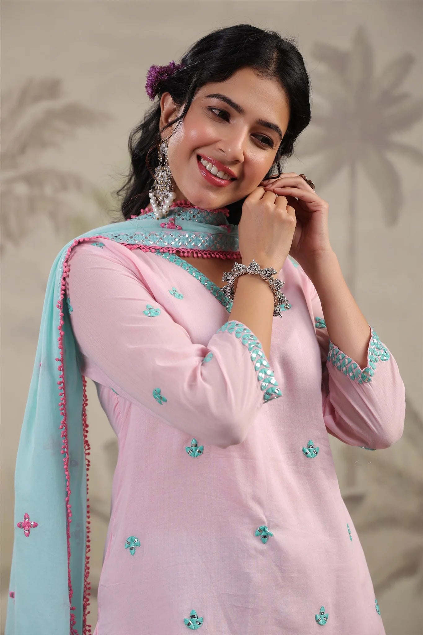 Pastel And Bling Pink Blue Sharara Ethnic Set with Dupatta