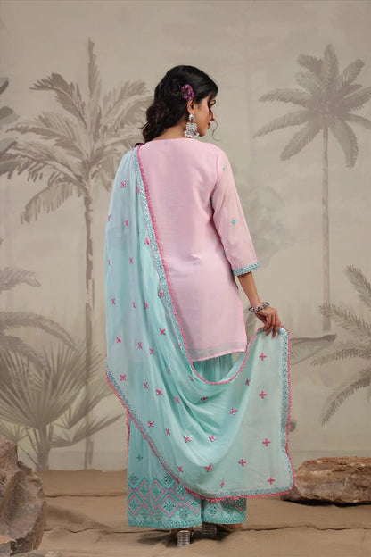 Pastel And Bling Pink Blue Sharara Ethnic Set with Dupatta