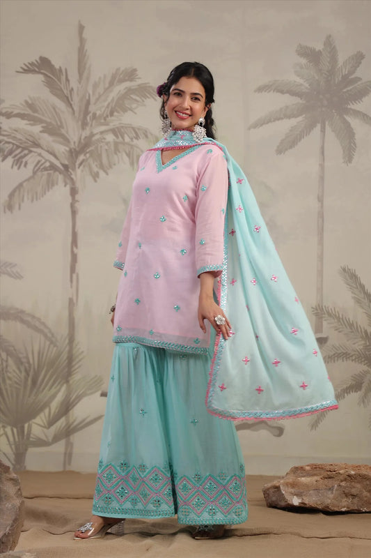 Pastel And Bling Pink Blue Sharara Ethnic Set with Dupatta