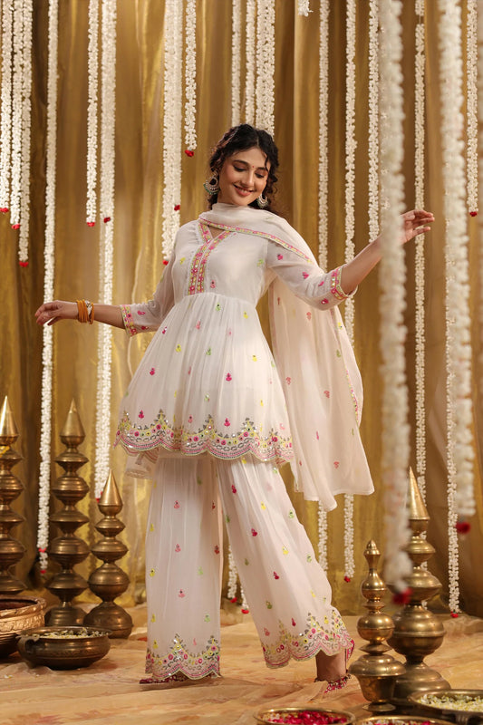 Pastel And Bling White Ethnic Sharara Set with Dupatta