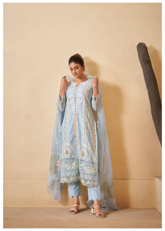 Pastel Blue Pakistani Work ethnic Cotton Set With Dupatta