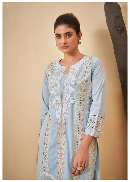 Pastel Blue Pakistani Work ethnic Cotton Set With Dupatta