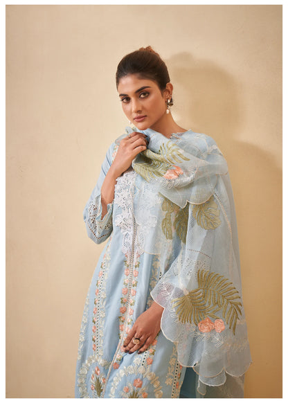 Pastel Blue Pakistani Work ethnic Cotton Set With Dupatta