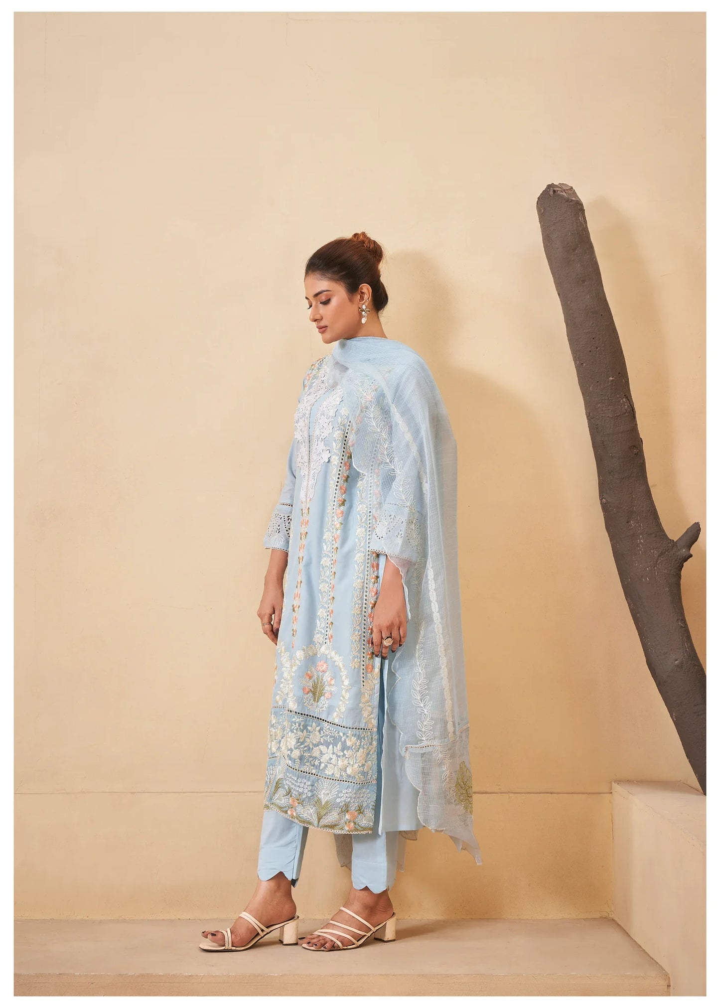 Pastel Blue Pakistani Work ethnic Cotton Set With Dupatta