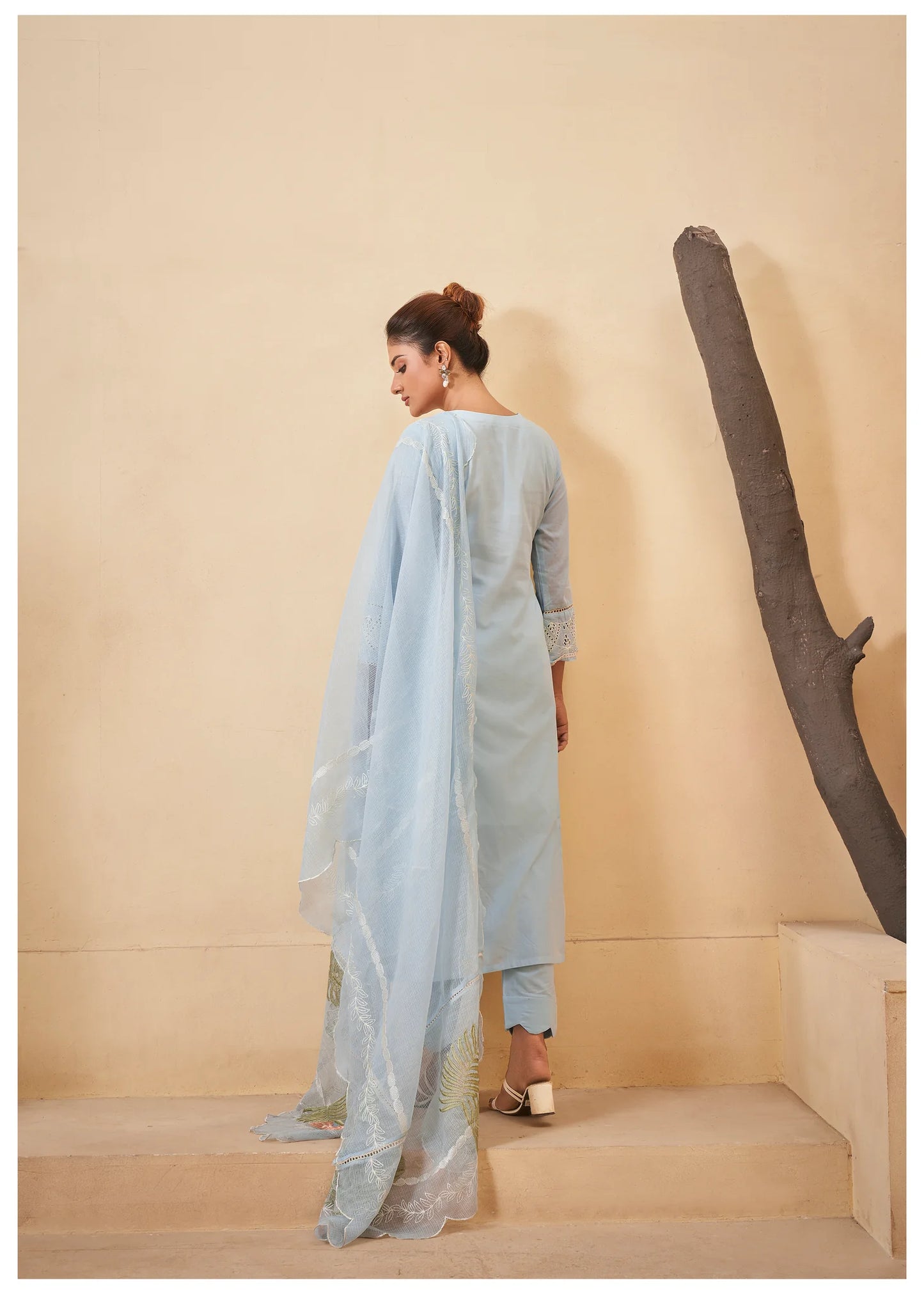 Pastel Blue Pakistani Work ethnic Cotton Set With Dupatta