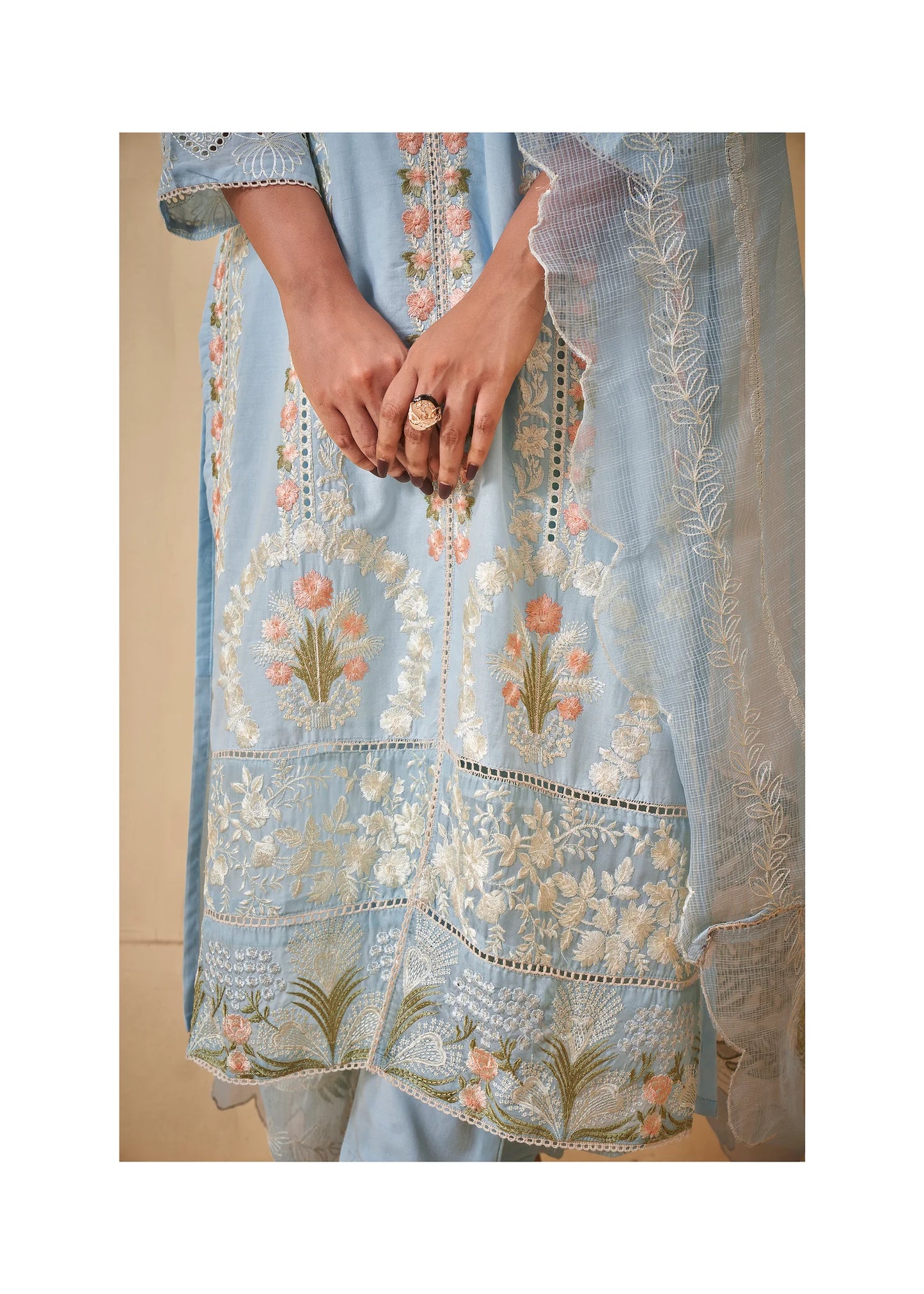 Pastel Blue Pakistani Work ethnic Cotton Set With Dupatta