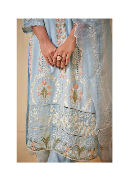 Pastel Blue Pakistani Work ethnic Cotton Set With Dupatta